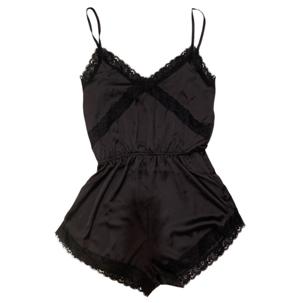Satin Black Lace Trim Romper